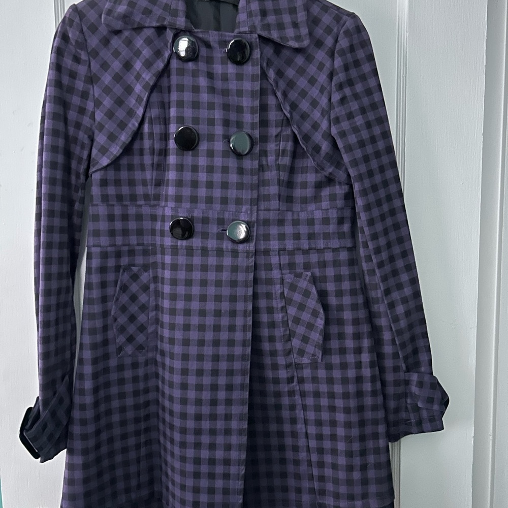 Purple and Black Checkered Swing Trench Coat - Picture 2 of 3